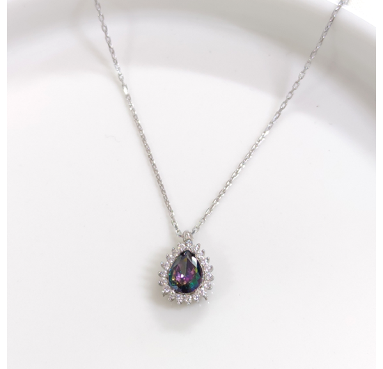 1 CM MİSTİK TOPAZ TAŞLI DAMLA GÜMÜŞ KOLYE 40+5 CM