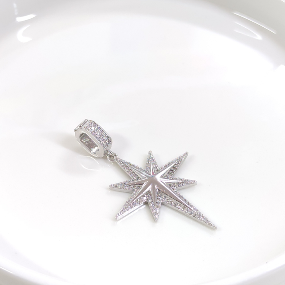 TAŞLI KUTUP YILDIZI GÜMÜŞ KOLYE UCU 4CM - RODYUM BEYAZ