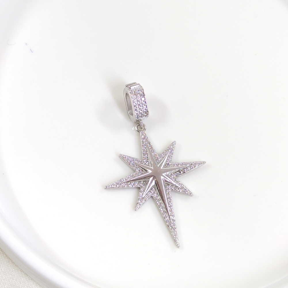 TAŞLI KUTUP YILDIZI GÜMÜŞ KOLYE UCU 4CM - RODYUM BEYAZ