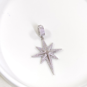 TAŞLI KUTUP YILDIZI GÜMÜŞ KOLYE UCU 4CM - RODYUM BEYAZ