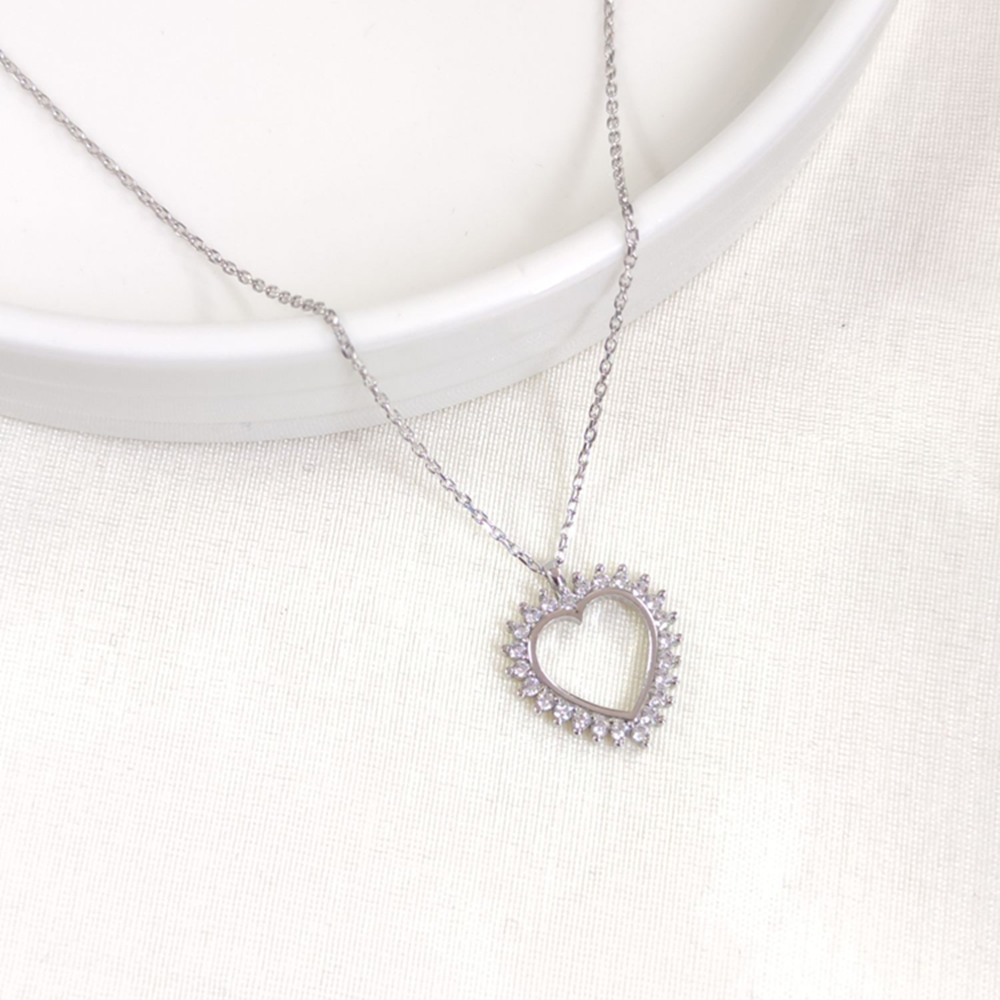 15 MM TAŞLI KALP GÜMÜŞ KOLYE 40+5 CM - RODYUM BEYAZ