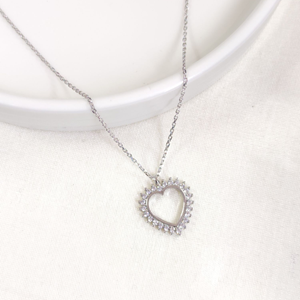 15 MM TAŞLI KALP GÜMÜŞ KOLYE 40+5 CM