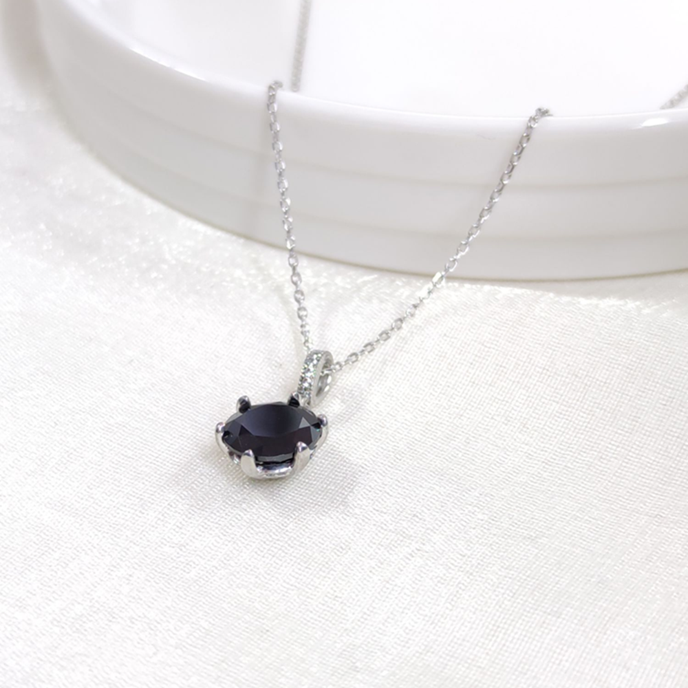 12 MM SİYAH TEK TAŞLI GÜMÜŞ KOLYE 40+5 CM - RODYUM BEYAZ