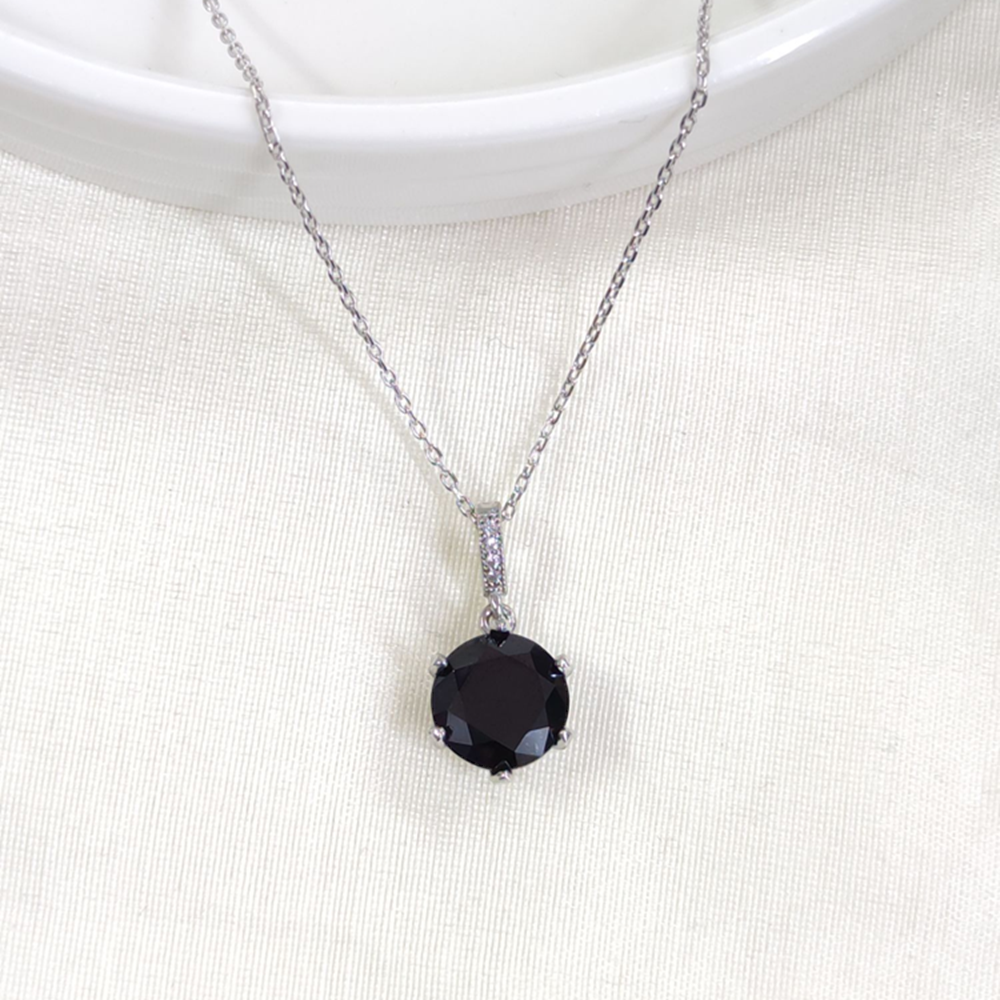 12 MM SİYAH TEK TAŞLI GÜMÜŞ KOLYE 40+5 CM