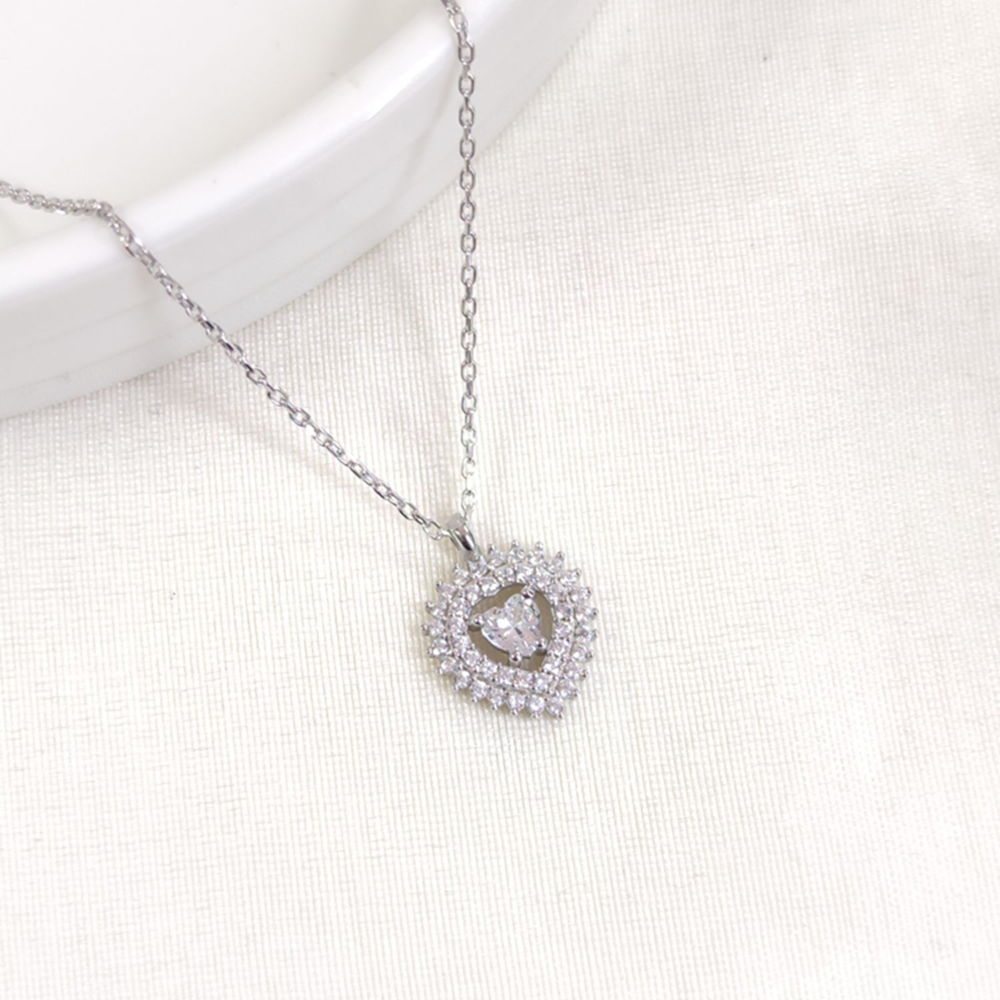 12 MM ZİRKON TAŞLI KALP GÜMÜŞ KOLYE 40+5 CM