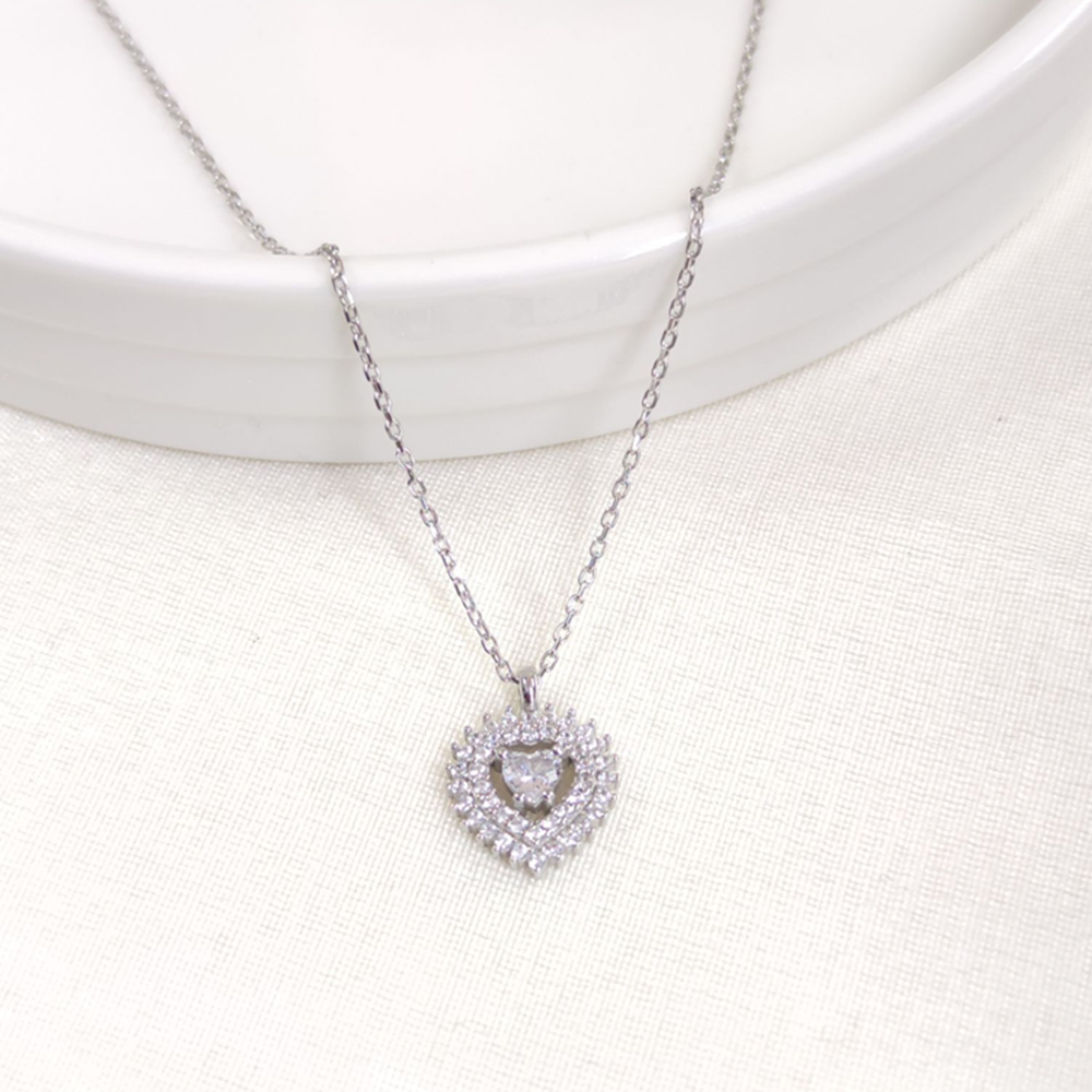 12 MM ZİRKON TAŞLI KALP GÜMÜŞ KOLYE 40+5 CM