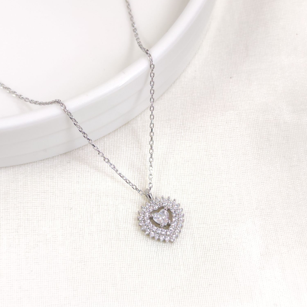 12 MM ZİRKON TAŞLI KALP GÜMÜŞ KOLYE 40+5 CM