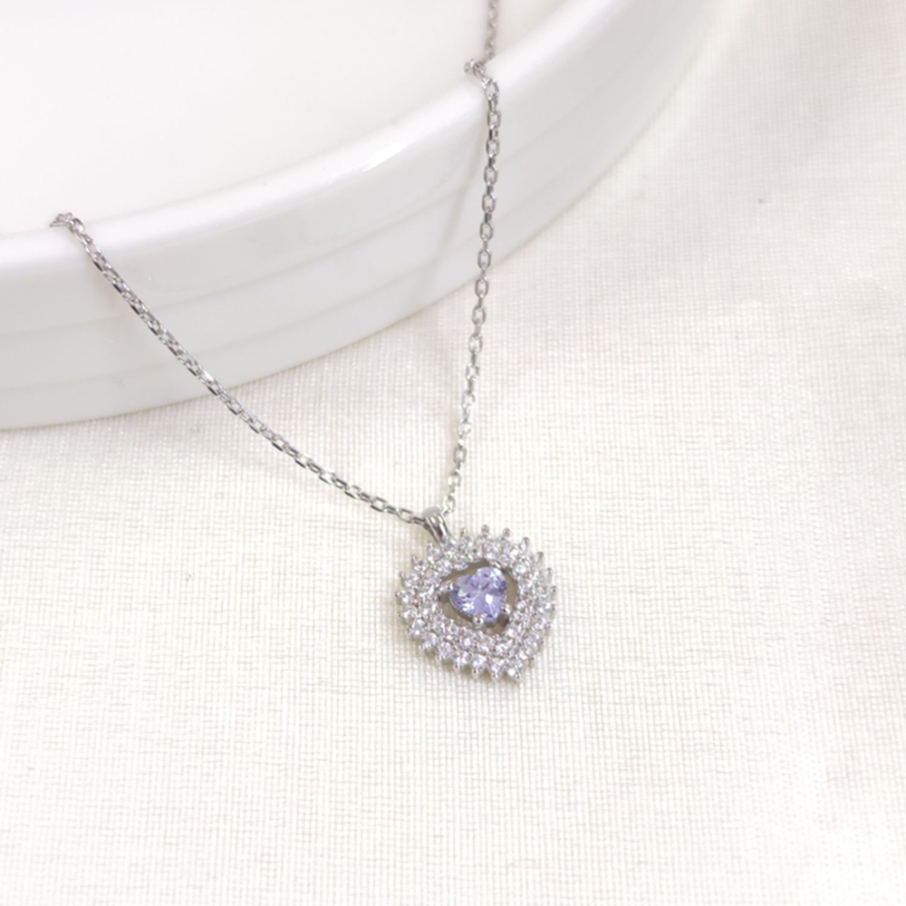 12 MM LİLA TAŞLI KALP GÜMÜŞ KOLYE 40+5 CM
