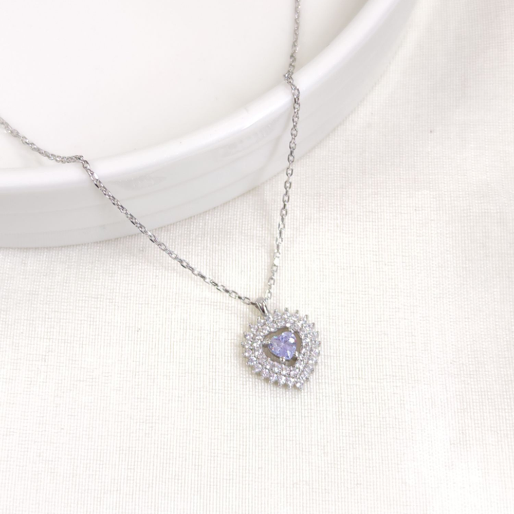 12 MM LİLA TAŞLI KALP GÜMÜŞ KOLYE 40+5 CM