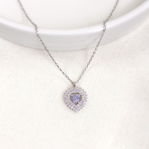 12 MM LİLA TAŞLI KALP GÜMÜŞ KOLYE 40+5 CM