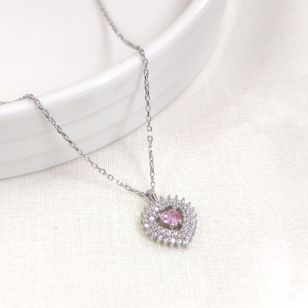 12 MM PEMBE TAŞLI KALP GÜMÜŞ KOLYE 40+5 CM