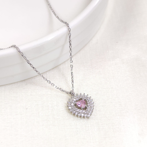 12 MM PEMBE TAŞLI KALP GÜMÜŞ KOLYE 40+5 CM