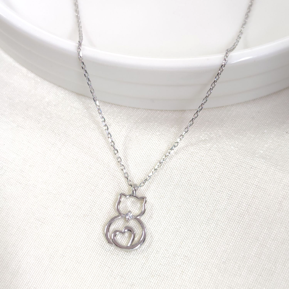 8X15 MM KALP DETAYLI KEDİ GÜMÜŞ KOLYE 40+5 CM