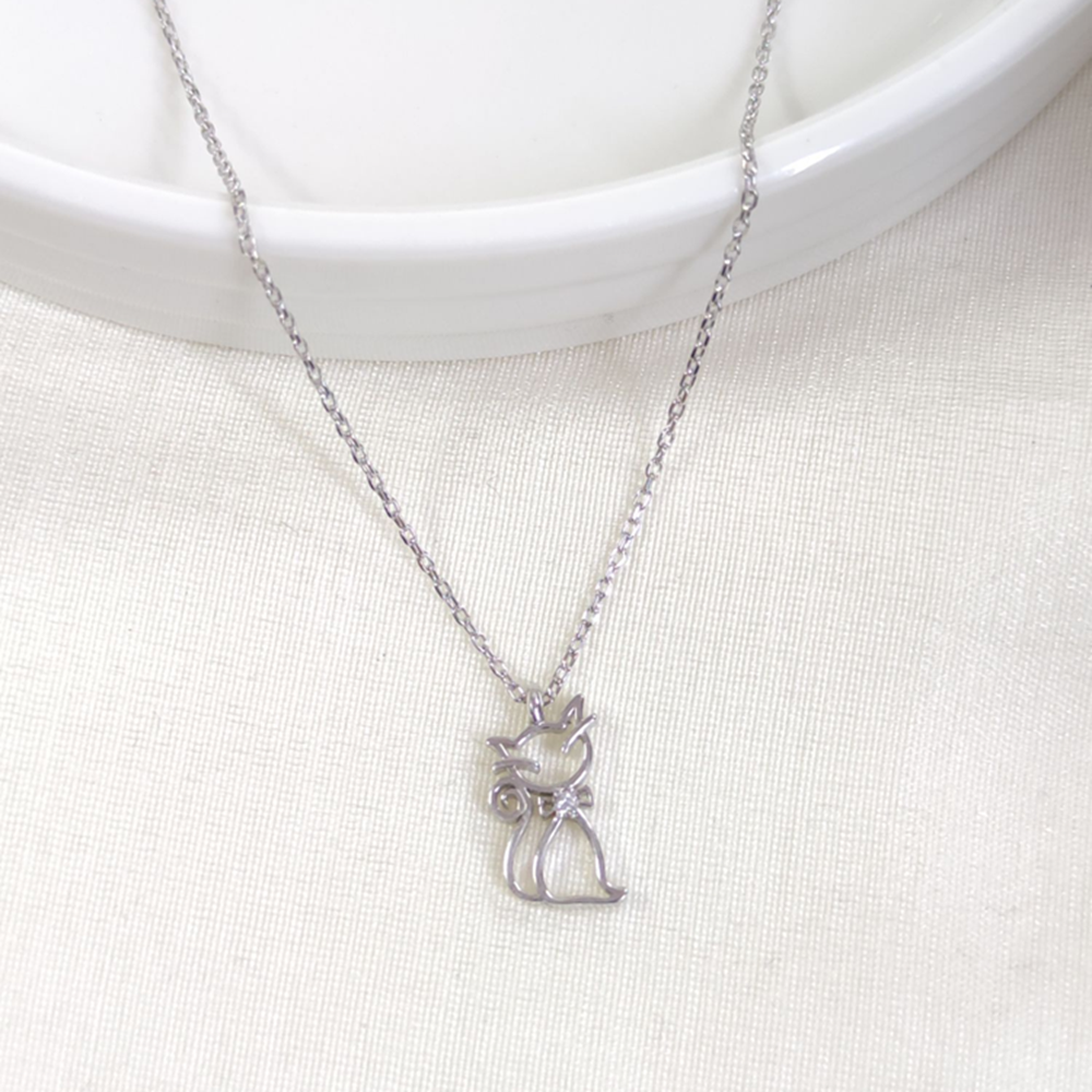 7X15 MM KEDİ GÜMÜŞ KOLYE 40+5 CM - RODYUM BEYAZ