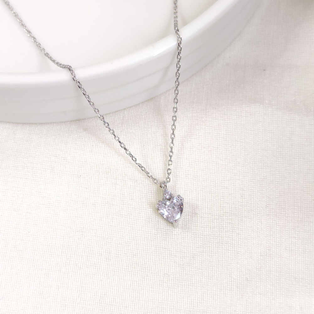 7 MM TEK TAŞ KALP GÜMÜŞ KOLYE 40+5 CM - RODYUM BEYAZ