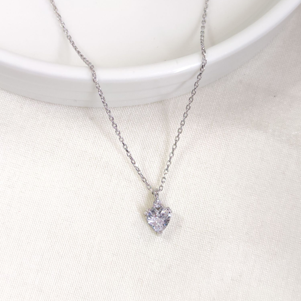 7 MM TEK TAŞ KALP GÜMÜŞ KOLYE 40+5 CM - RODYUM BEYAZ