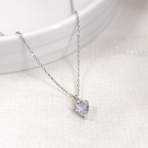 7 MM TEK TAŞ KALP GÜMÜŞ KOLYE 40+5 CM - RODYUM BEYAZ