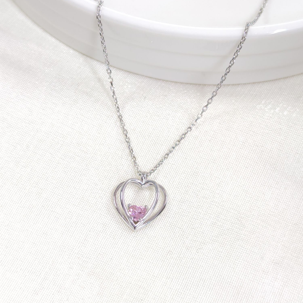 12 MM PEMBE KALP GÜMÜŞ KOLYE 40+5 CM