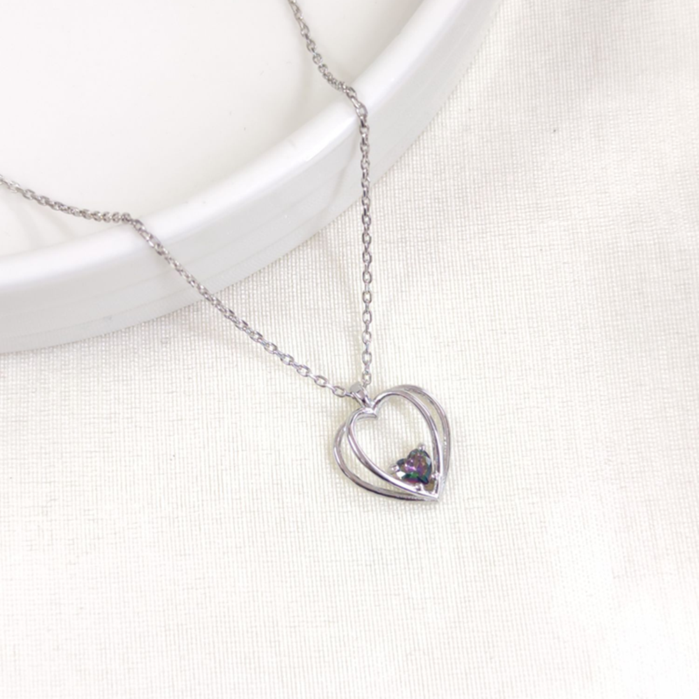 12 MM MİSTİK TOPAZ TAŞLI KALP GÜMÜŞ KOLYE 40+5 CM