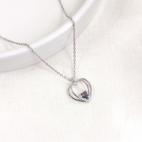 12 MM MİSTİK TOPAZ TAŞLI KALP GÜMÜŞ KOLYE 40+5 CM