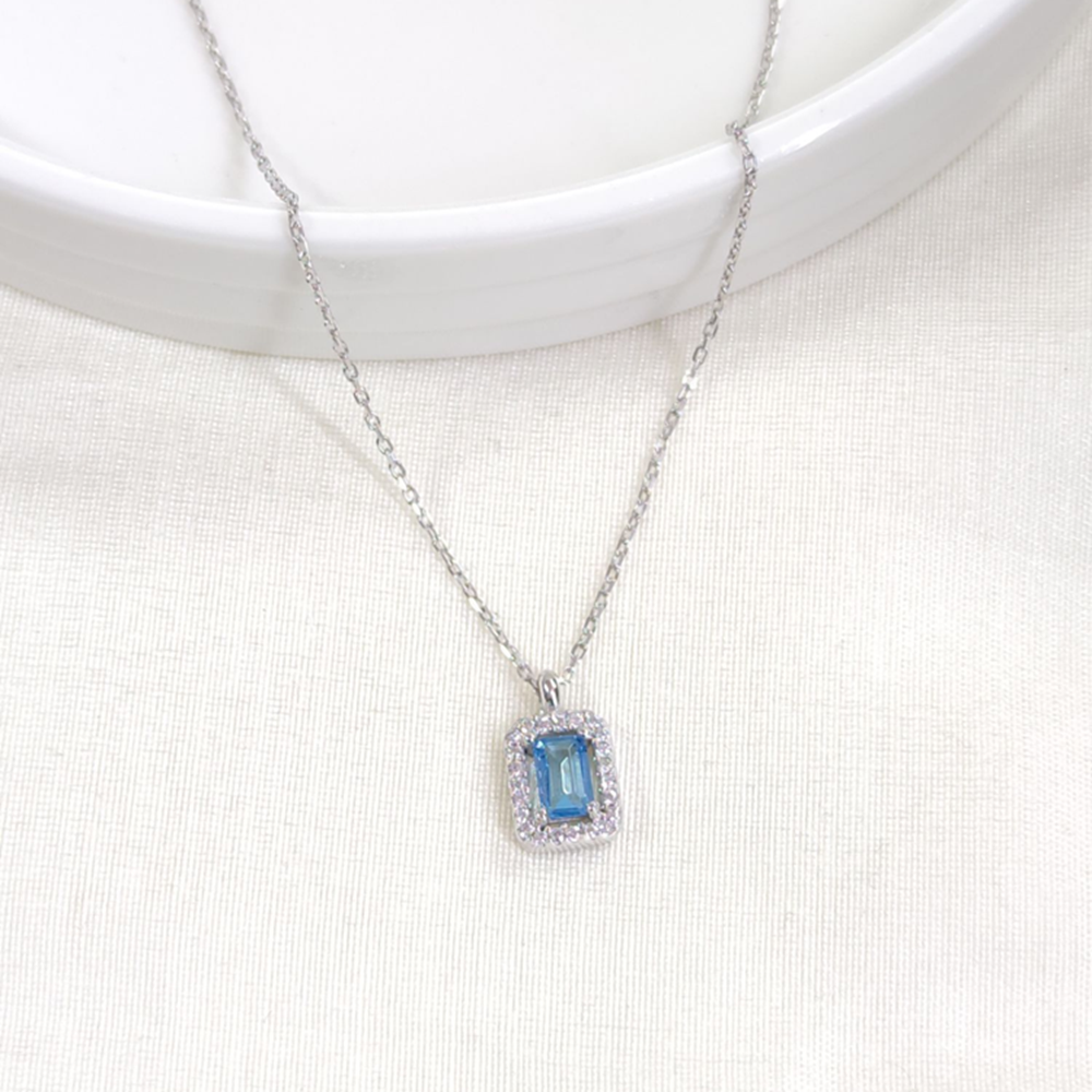 10 MM MAVİ BAGET GÜMÜŞ KOLYE 40+5 CM