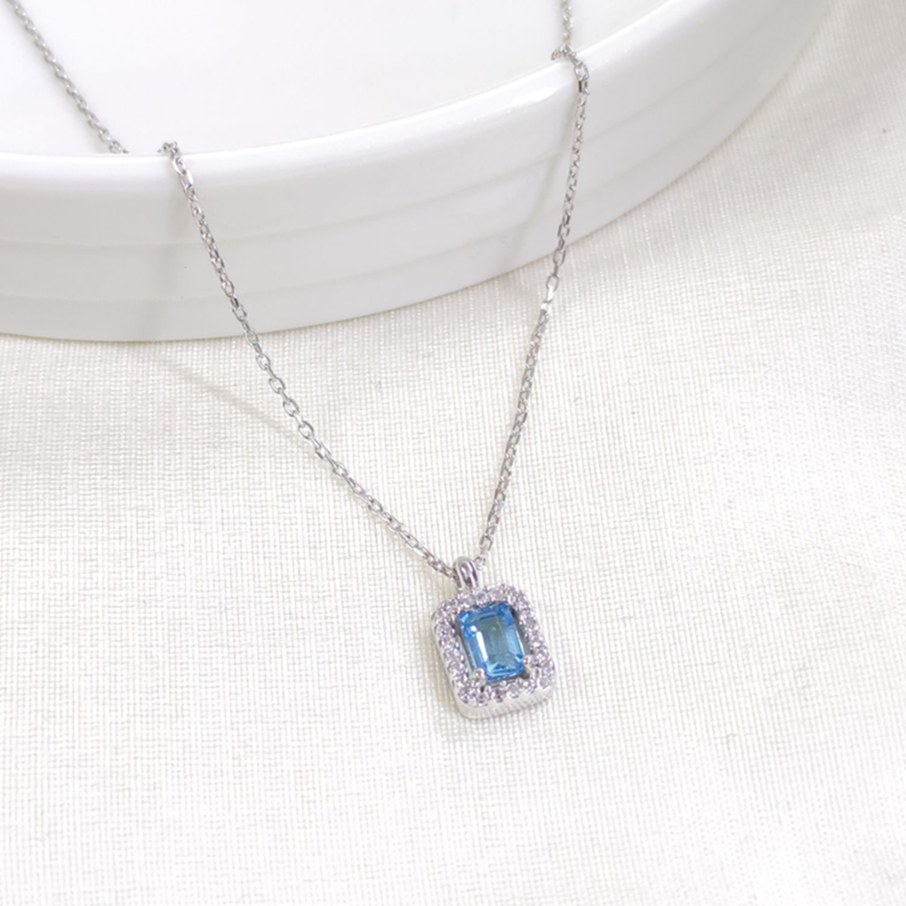 10 MM MAVİ BAGET GÜMÜŞ KOLYE 40+5 CM