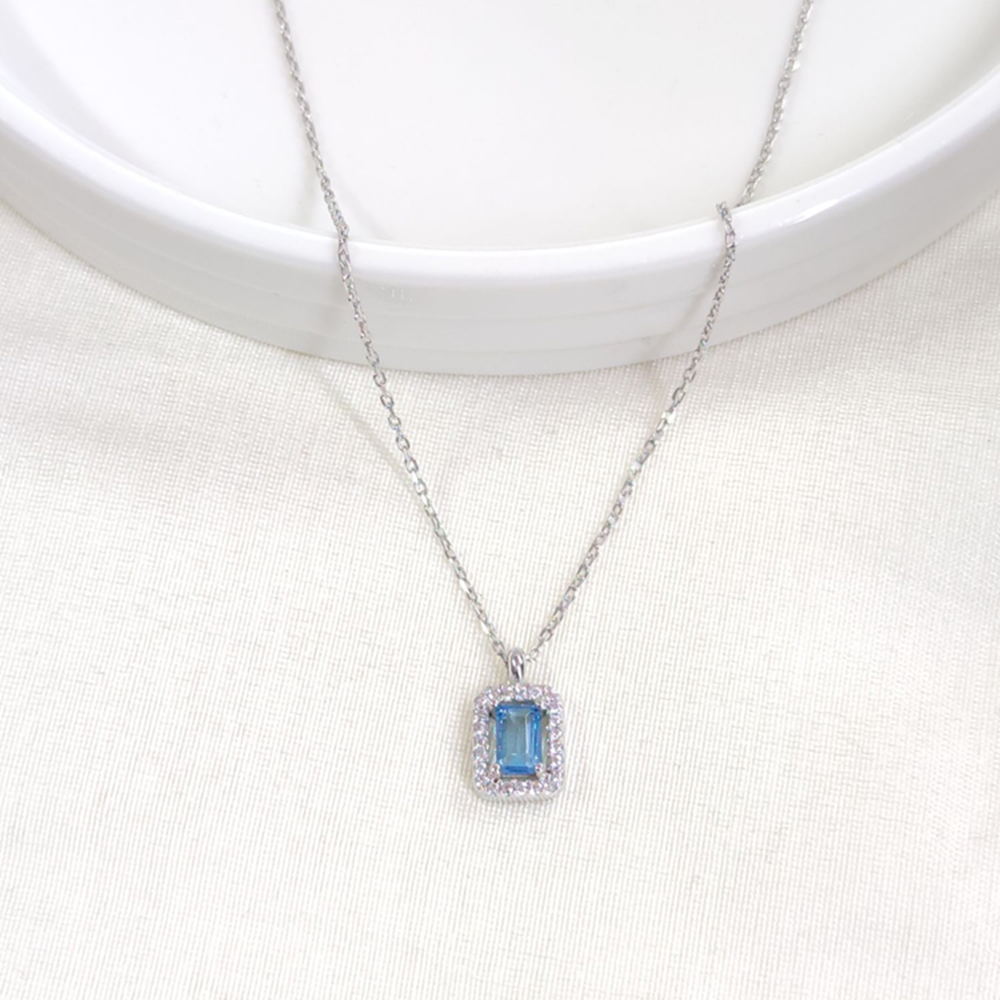 10 MM MAVİ BAGET GÜMÜŞ KOLYE 40+5 CM