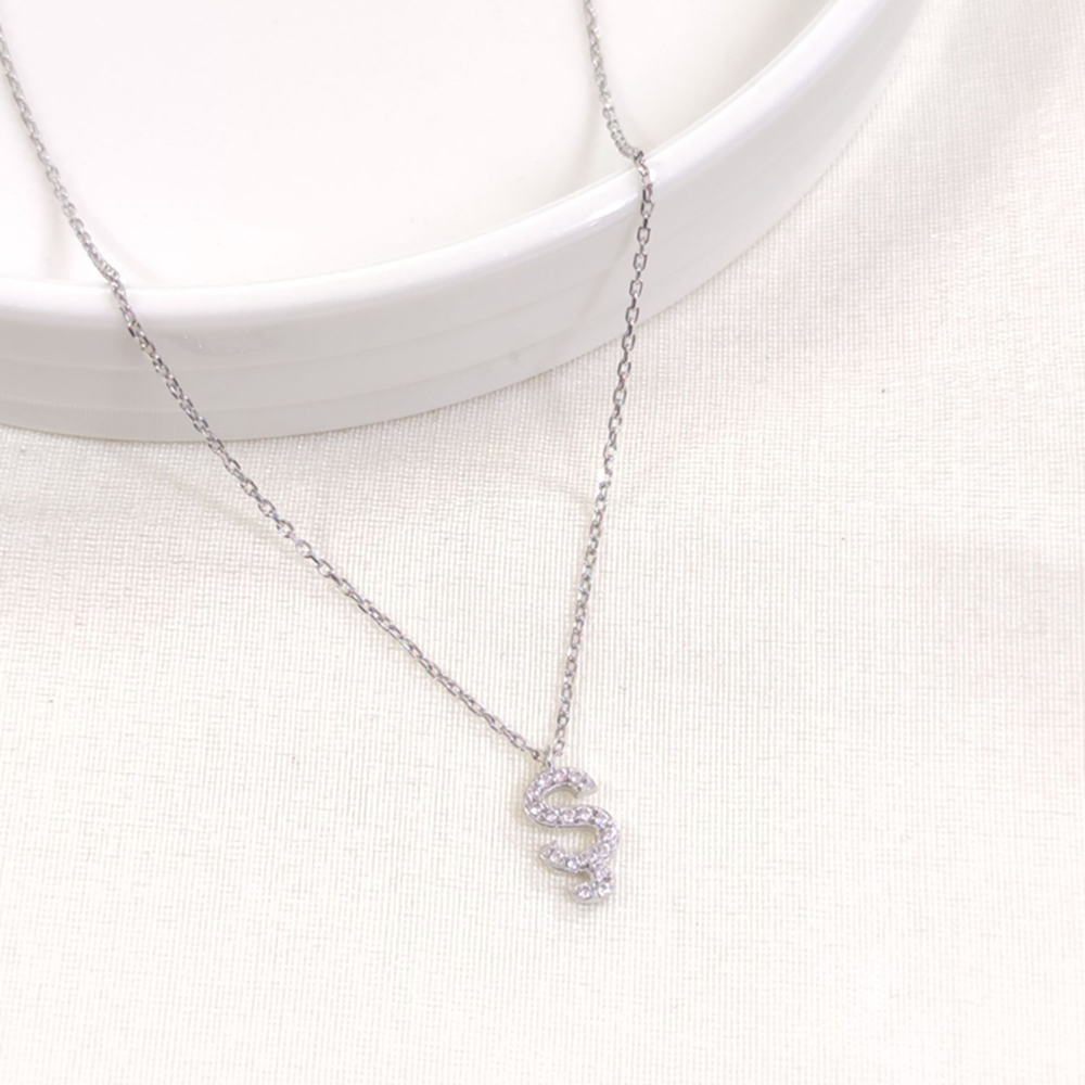 1 CM TAŞLI Ş HARF GÜMÜŞ KOLYE 40+5 CM - RODYUM BEYAZ