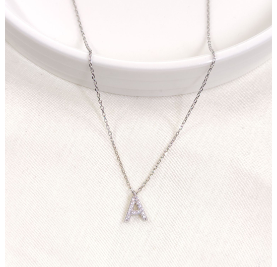 1 CM TAŞLI A HARF GÜMÜŞ KOLYE 40+5 CM - RODYUM BEYAZ