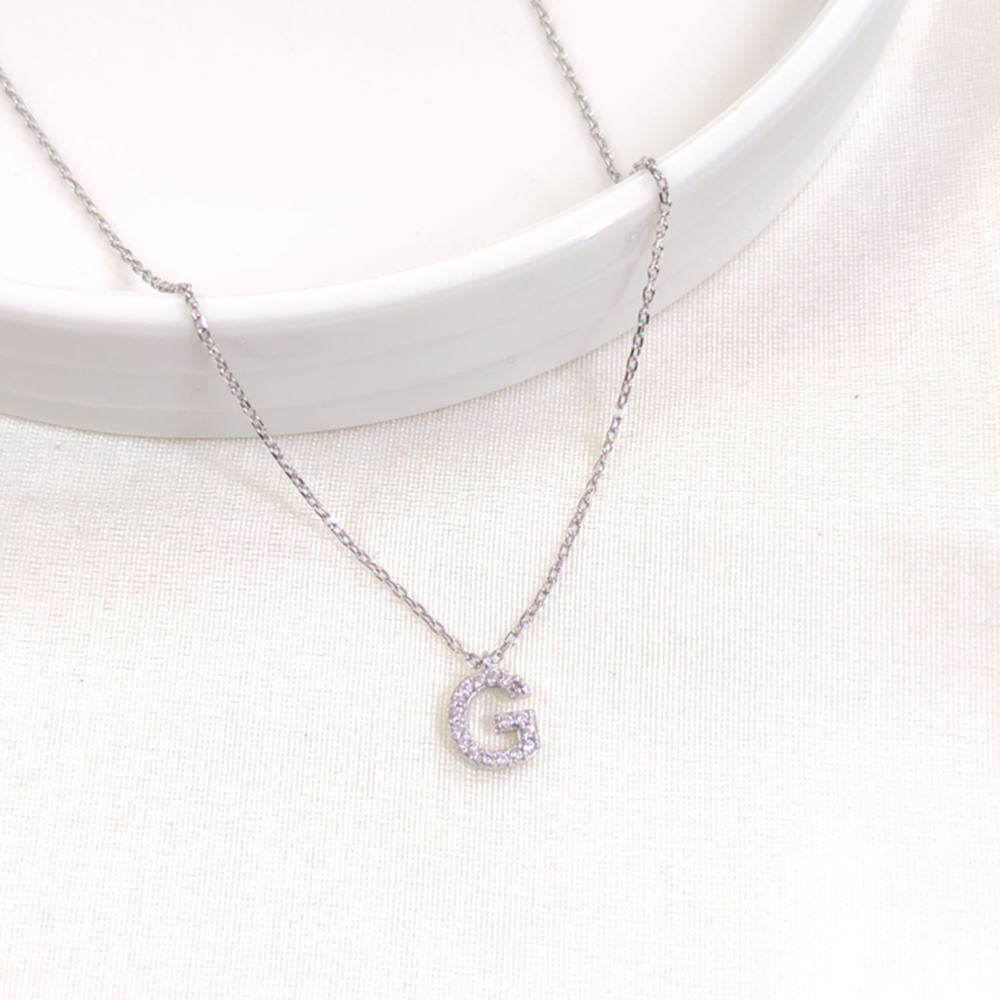 1 CM TAŞLI G HARF GÜMÜŞ KOLYE 40+5 CM - RODYUM BEYAZ