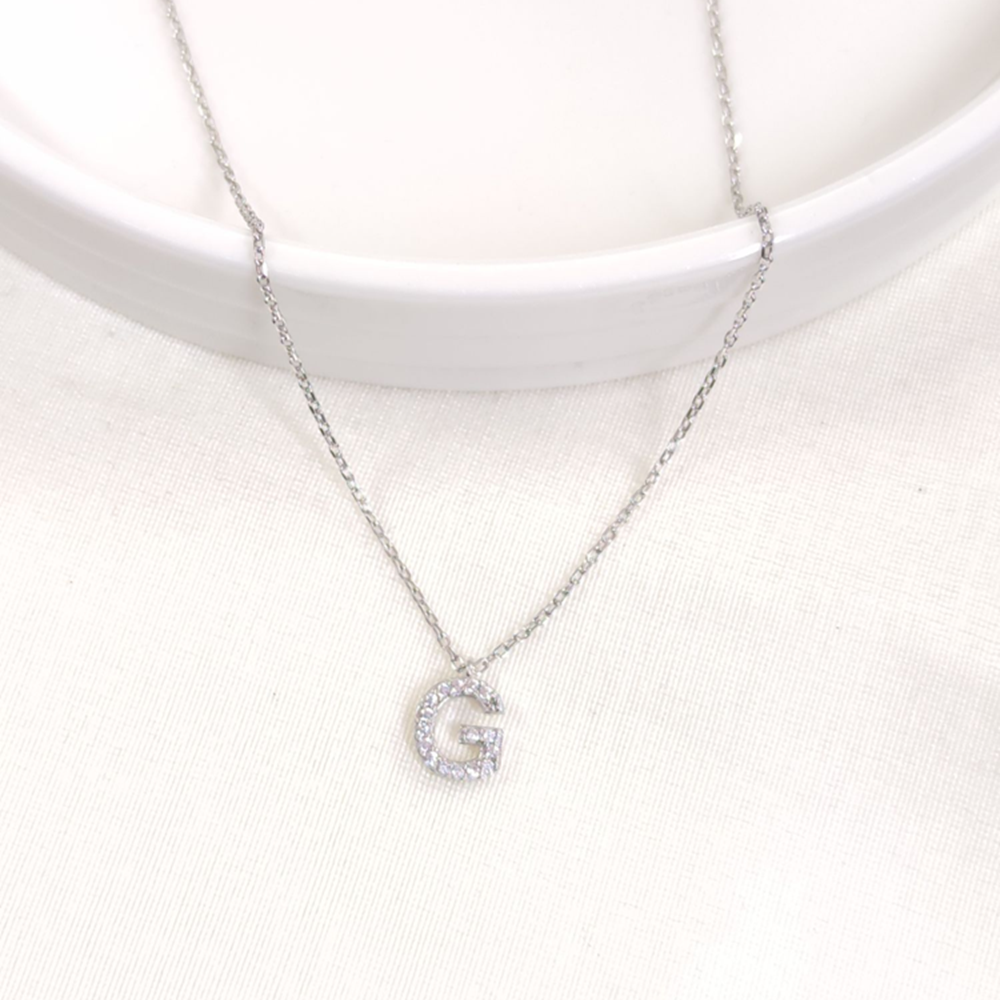 1 CM TAŞLI G HARF GÜMÜŞ KOLYE 40+5 CM - RODYUM BEYAZ