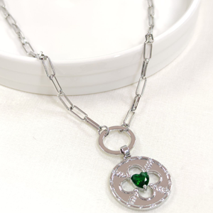 FULLYX YEŞİL TAŞLI PLAKA YONCA KOLYE 52+5 CM - BEYAZ