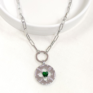 FULLYX YEŞİL TAŞLI PLAKA YONCA KOLYE 52+5 CM - BEYAZ