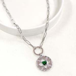 FULLYX YEŞİL TAŞLI PLAKA YONCA KOLYE 52+5 CM - BEYAZ