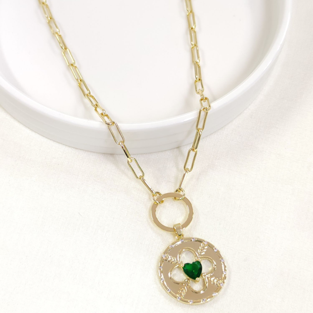 FULLYX YEŞİL TAŞLI PLAKA YONCA KOLYE 52+5 CM