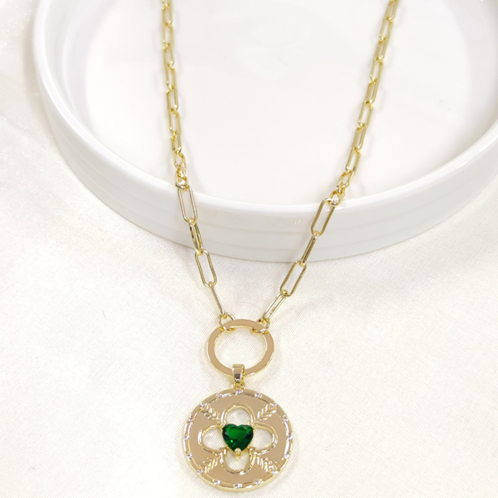 FULLYX YEŞİL TAŞLI PLAKA YONCA KOLYE 52+5 CM