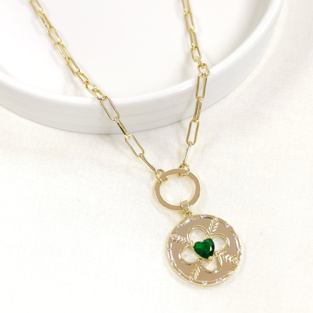 FULLYX YEŞİL TAŞLI PLAKA YONCA KOLYE 52+5 CM