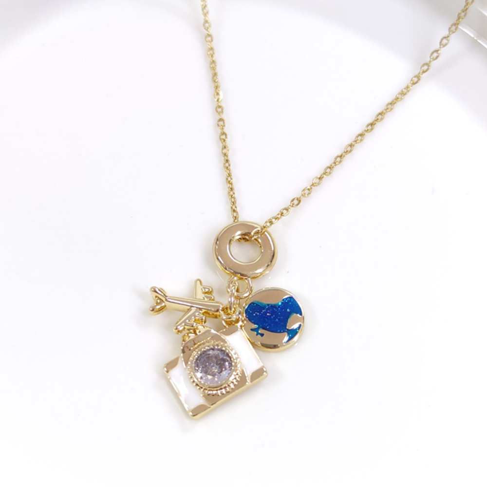 ÇELİK BEYAZ MİNELİ UÇAK DÜNYA KOLYE 40+5 CM