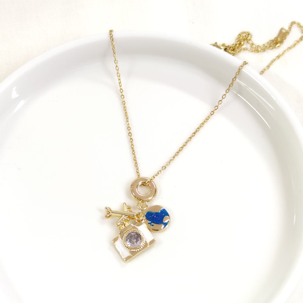 ÇELİK BEYAZ MİNELİ UÇAK DÜNYA KOLYE 40+5 CM