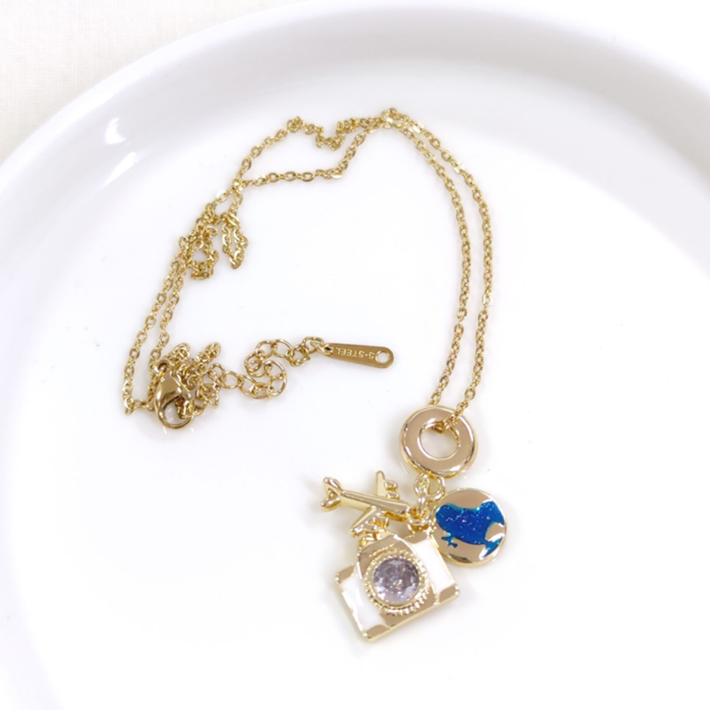 ÇELİK BEYAZ MİNELİ UÇAK DÜNYA KOLYE 40+5 CM