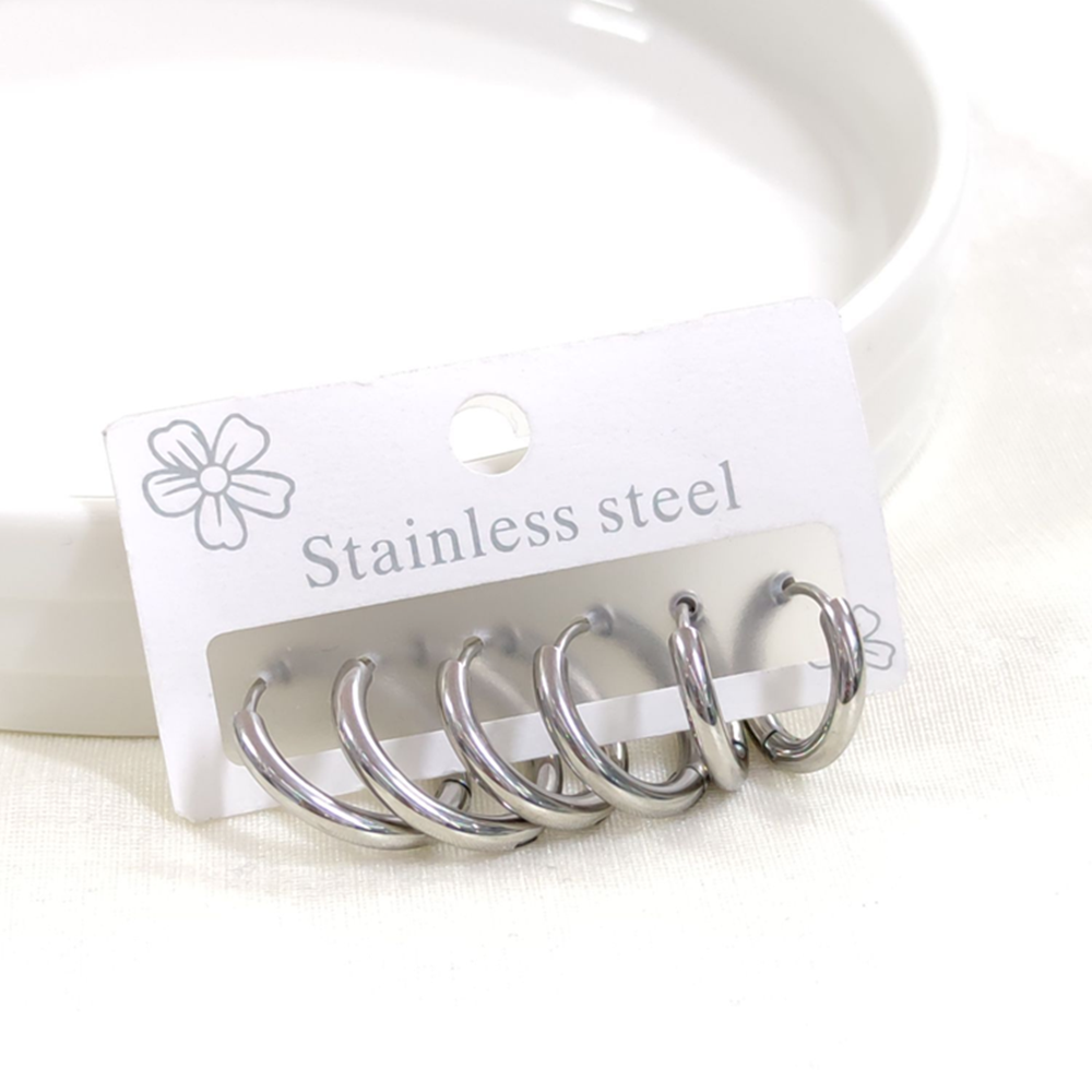 ÇELİK BOMBELİ KOMBİN HALKA KÜPE SETİ - BEYAZ