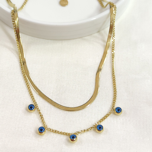 ÇELİK NAZAR BONCUKLU YASSI KOMBİN İKİLİ KOLYE