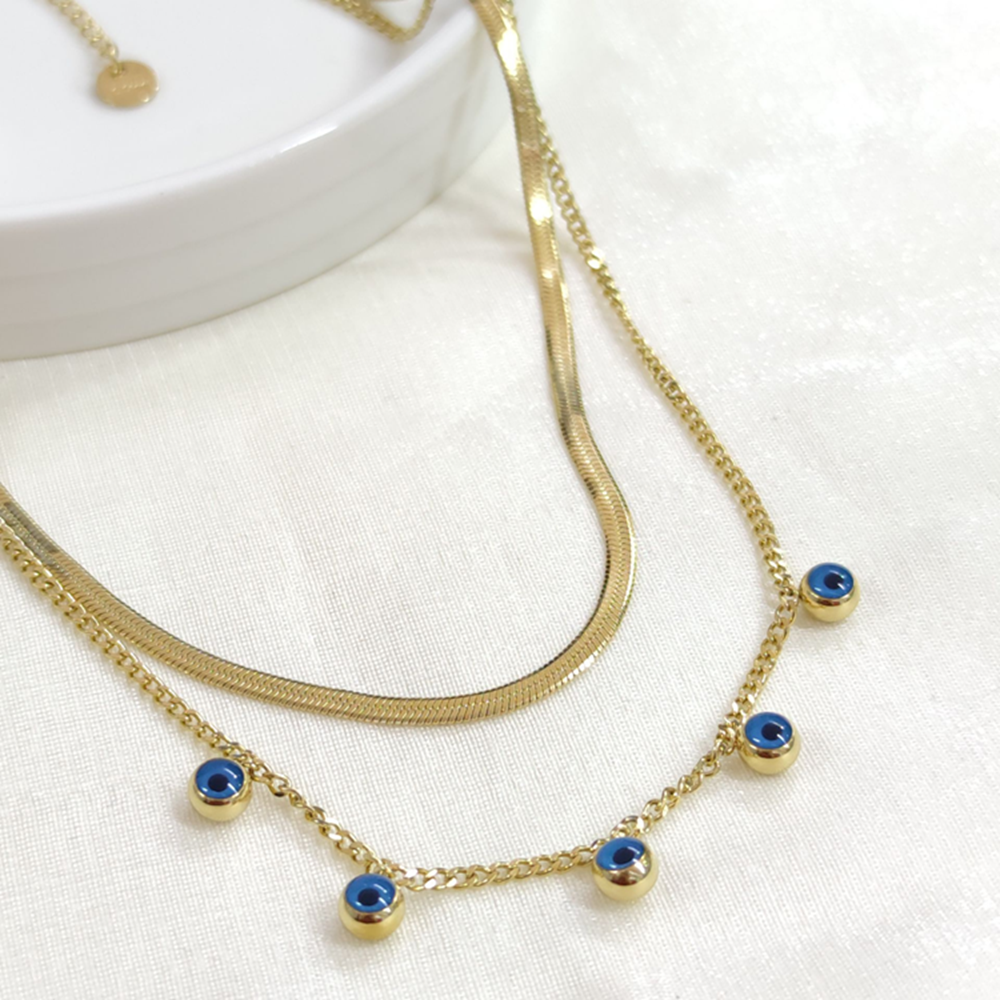 ÇELİK NAZAR BONCUKLU YASSI KOMBİN İKİLİ KOLYE