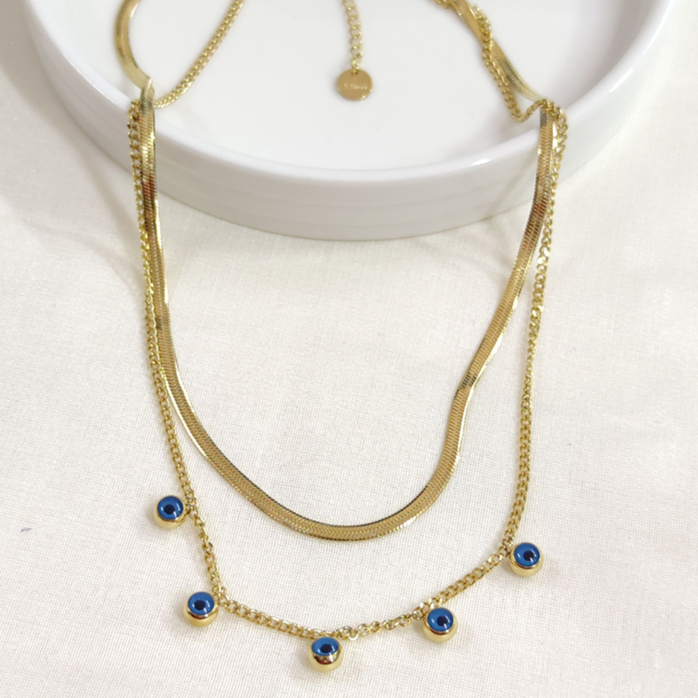 ÇELİK NAZAR BONCUKLU YASSI KOMBİN İKİLİ KOLYE