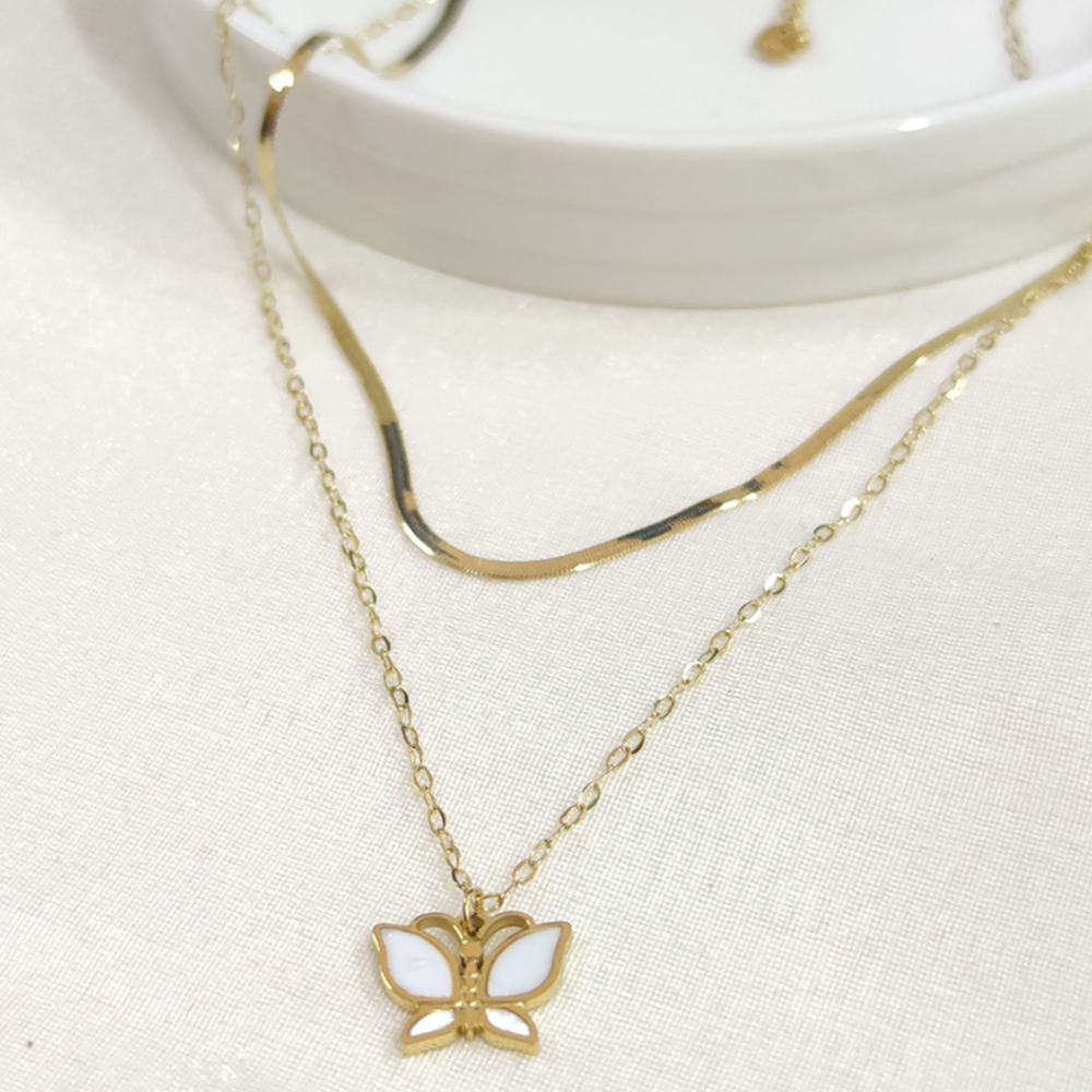 ÇELİK YASSI ZİNCİRLİ SEDEF KELEBEK KOMBİN İKİLİ KOLYE