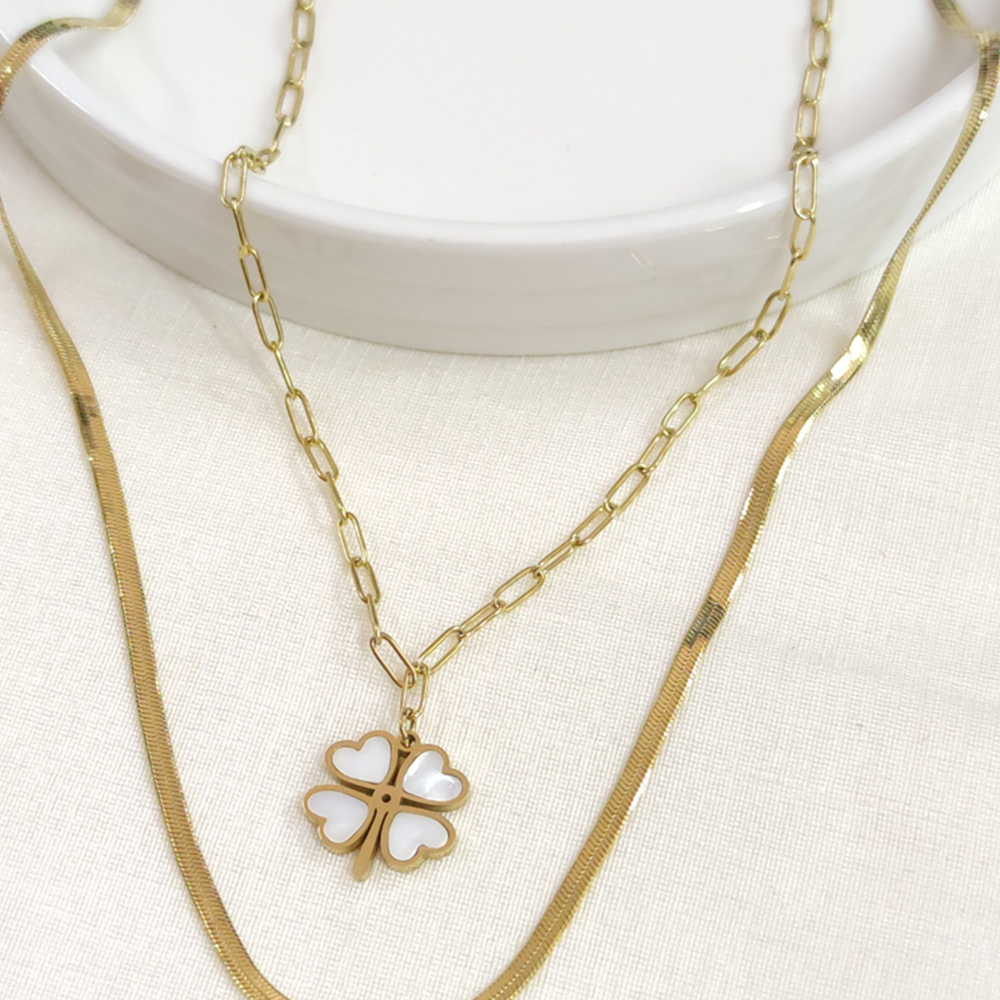 ÇELİK SEDEF YONCA KOMBİN İKİLİ KOLYE