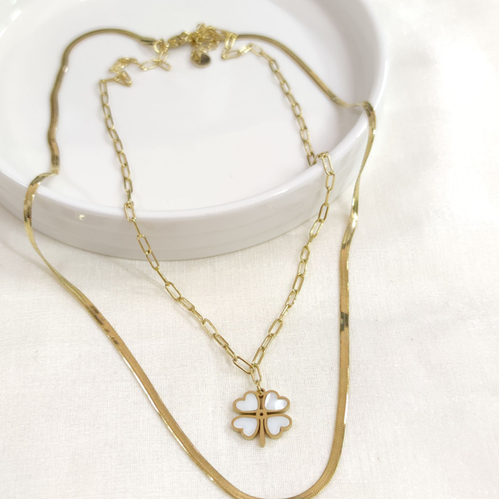 ÇELİK SEDEF YONCA KOMBİN İKİLİ KOLYE