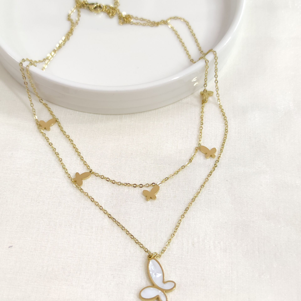 ÇELİK SEDEF KELEBEK KOMBİN İKİLİ KOLYE