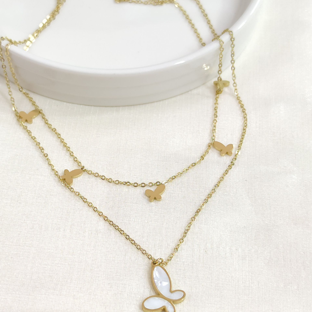 ÇELİK SEDEF KELEBEK KOMBİN İKİLİ KOLYE