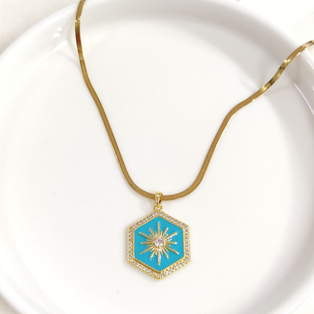 ÇELİK TURKUAZ MİNELİ ALTIGEN KOLYE 40+5 CM